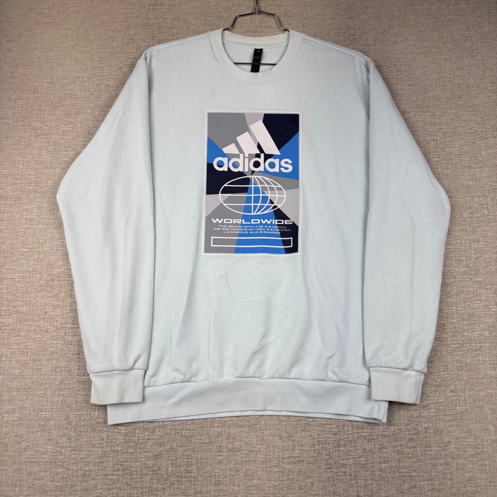 Adidas Worldwide Graphic Sweatshirt Mens Large Light Blue Fleece Pullover